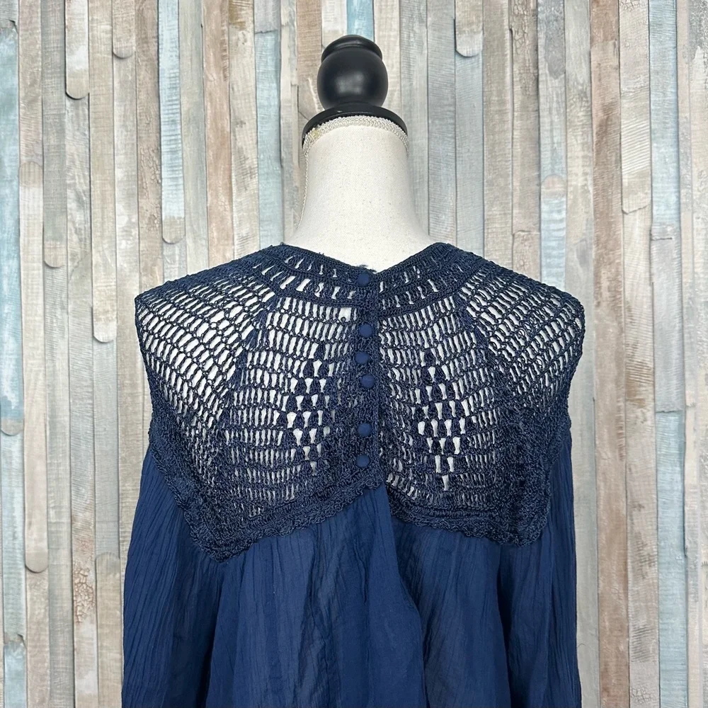Free People M Navy Blue Gauze‎ Crochet Lace Bib Early Frost Top Blouse Boho